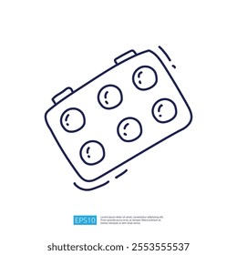 A simple line drawing of a rectangular object with six circular dots, resembling a toy or game piece.