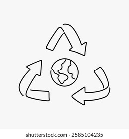 Simple line drawing of a recycling symbol with three arrows circling a globe. Represents recycling, sustainability, and environmental conservation. Simple line art vector.