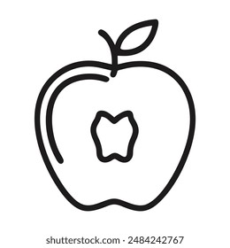 A simple line drawing of a red apple with a bite taken out. Vector illustration