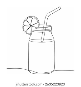 Simple line drawing of a refreshing lemonade beverage in a mason jar with straw