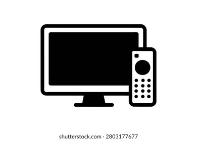 Simple line drawing of remote control placed beside computer monitor isolated on transparent background