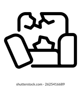 Desenho de linha simples representando uma poltrona quebrada com apoio de braço destacado, simbolizando danos em móveis