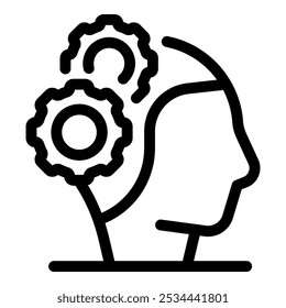 Simple line drawing represents the concept of thinking with cogwheels working inside a human head silhouette