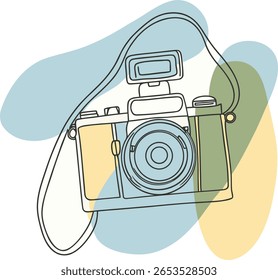 Um simples desenho de linha de uma câmera retrô com um flash e uma correia, em oposição a formas abstratas coloridas.