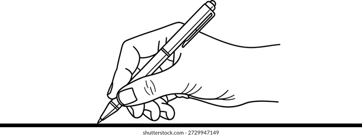 Dibujo de una línea simple de una mano derecha agarrando un bolígrafo y escribiendo sobre una línea Horizontal, probablemente representando creatividad, escritura o arte.