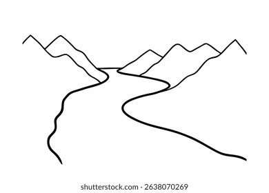 Simple line drawing of river winding through mountains
