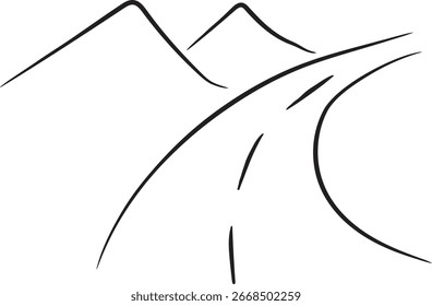 Dibujo de línea simple de una carretera que serpentea hacia las montañas