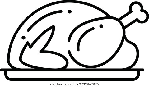 Um desenho de linha simples de um peru assado em uma travessa, provavelmente para uma refeição de férias ou ocasião especial.