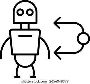 A simple line drawing of robot with mechanical arm and abstract arrow symbol, representing technology, innovation, and artificial intelligence concepts