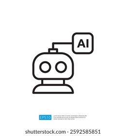 A simple line drawing of a robot with two eyes and a speech bubble indicating AI symbolizing artificial intelligence.