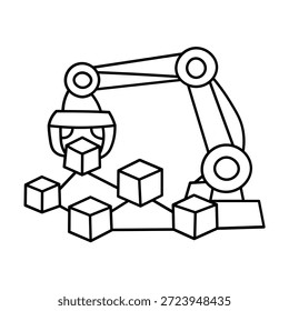 A simple line drawing of a robotic arm manipulating cubes, representing automation, manufacturing, or data processing.