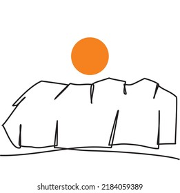 Simple line drawing of rock mountains and sun. Vector illustration linear mountains and sun. Premium icon Thin line icon for website design and development, app development. One line vector. Eps 10.