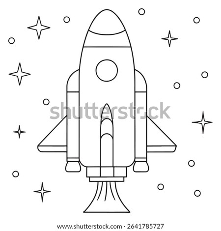 Simple line drawing of rocket in a minimal star filled space setting with planets illustration