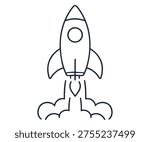 A simple line drawing of a rocket ship blasting off into the air with flames and smoke emanating from the bottom.