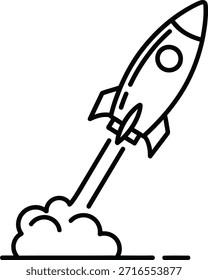 Dibujo de línea simple de una nave cohete lanzándose al espacio