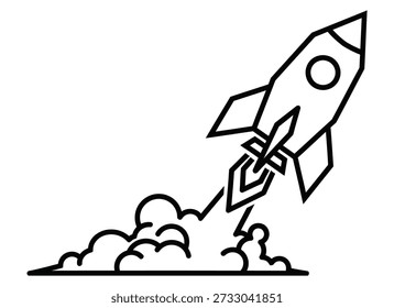 Eine einfache Linienzeichnung eines Raketenschiffes in Silhouette, die mit einer Spur von Auspuff und Wolken abstrahlt
