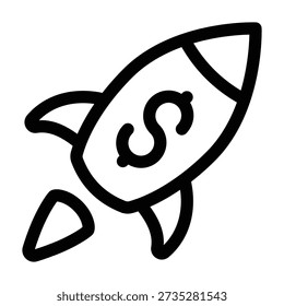 A simple line drawing of a rocket ship launching upwards. This icon symbolizes startup growth, speed, innovation, success, and propulsion in a business or technology context.
