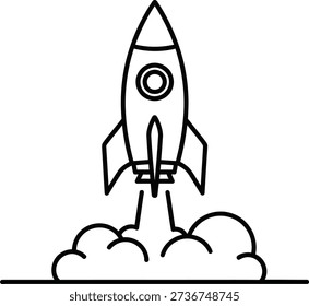 A simple line drawing of a rocket ship taking off with flames and smoke
