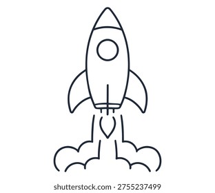A simple line drawing of a rocket ship blasting off into the air with flames and smoke emanating from the bottom.