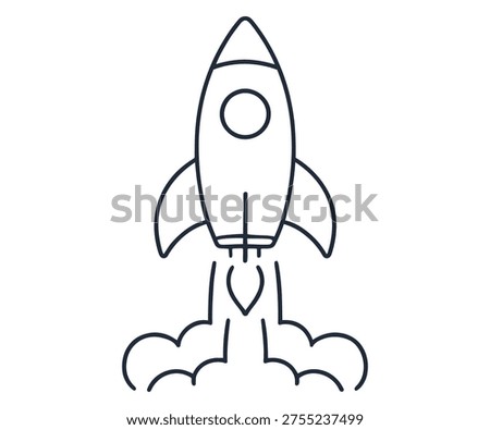 A simple line drawing of a rocket ship blasting off into the air with flames and smoke emanating from the bottom.