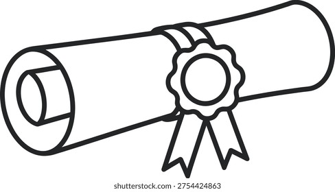 A simple line drawing of a rolled up diploma certificate with a ribbon tied around it in a bow, presented on a clean and crisp white background.