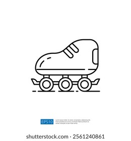 A simple line drawing of a roller skate, featuring four wheels and a sleek design, representing leisure and recreational activities.