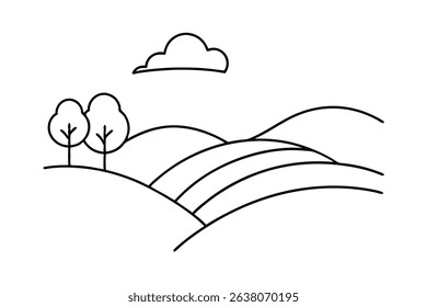 Simple line drawing of rolling hills and trees