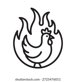 Um desenho de linha simples de um galo dentro de um projeto de chama circular