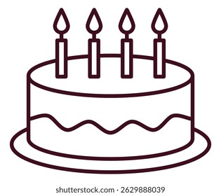 A simple line drawing of a round birthday cake with four lit candles.