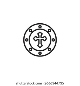 Um simples desenho em linha de um escudo redondo decorado com uma cruz cristã e sotaques circulares.
