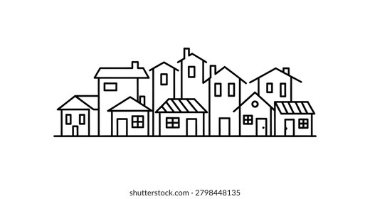 Simple line drawing of a row of houses, forming a cityscape. Diverse building designs and rooflines. Minimalist vector art representing a neighborhood or community. Ideal for backgrounds, illustrations, or design elements related to urban living.
