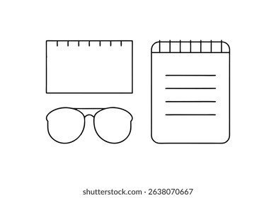Simple line drawing of ruler notepad and glasses