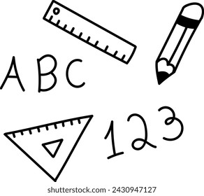 Dibujo simple de una regla, lápiz, letras ABC, 123 números y un triángulo sobre un fondo blanco.