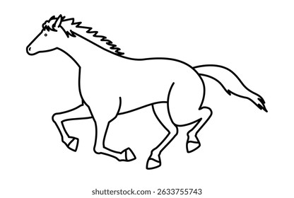 Simple line drawing of a running horse, black and white illustration, Vector Illustration