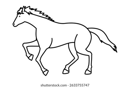 Simple line drawing of a running horse, black and white illustration, Vector Illustration