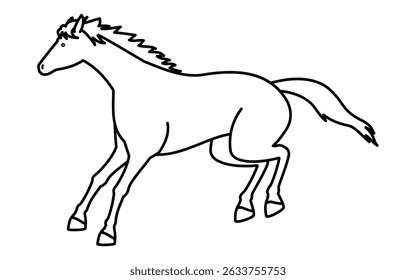 Simple line drawing of a running horse, black and white illustration, Vector Illustration