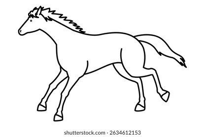 Simple line drawing of a running horse, black and white illustration, Vector Illustration