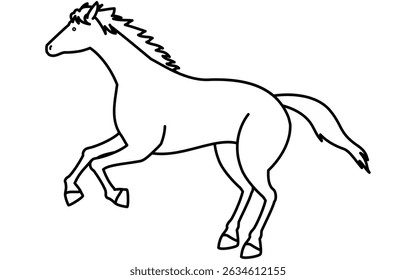 Simple line drawing of a running horse, black and white illustration, Vector Illustration