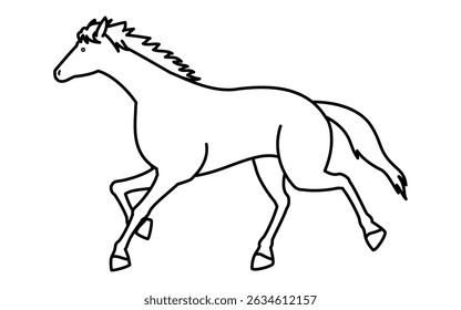 Simple line drawing of a running horse, black and white illustration, Vector Illustration
