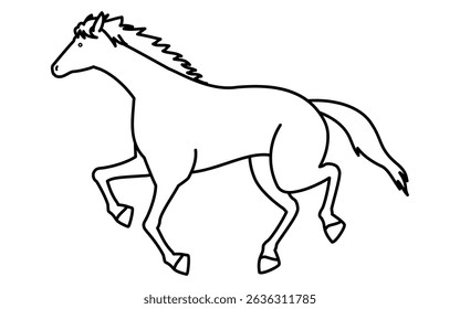 Simple line drawing of a running horse, black and white illustration, Vector Illustration