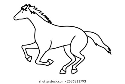 Simple line drawing of a running horse, black and white illustration, Vector Illustration