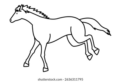 Simple line drawing of a running horse, black and white illustration, Vector Illustration