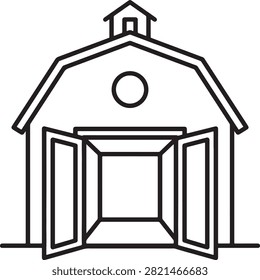 Simple line drawing of a rural barn structure with its double doors ajar. Ideal for agricultural or country living concepts.