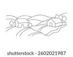 Simple line drawing of a rural landscape featuring two houses nestled amongst rolling hills, a few small trees, and a winding path. Peaceful countryside scene.