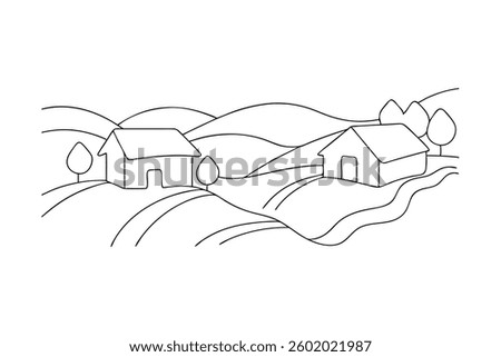 Simple line drawing of a rural landscape featuring two houses nestled amongst rolling hills, a few small trees, and a winding path. Peaceful countryside scene.