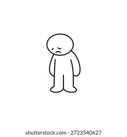 Desenho de linha simples de uma figura triste, sem rosto com postura deprimida. Ilustração minimalista transmitindo solidão, depressão ou decepção. Fundo branco e limpo.