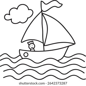 A simple line drawing of a sailboat with a single sailor on the water, under a small cloud.  Perfect for children's books, coloring pages, or nautical-themed projects.