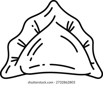 Um desenho de linha simples de uma samosa, uma massa frita crocante ou assada recheada com batatas e ervilhas temperadas