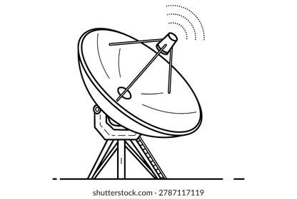 A simple line drawing of a satellite dish antenna mounted on a stand, emitting a signal. The dish is depicted in a classic illustration style with clean lines and minimal details.