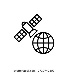 Simple Line Drawing Satellite Orbiting Globe Icon Representing Global Communication